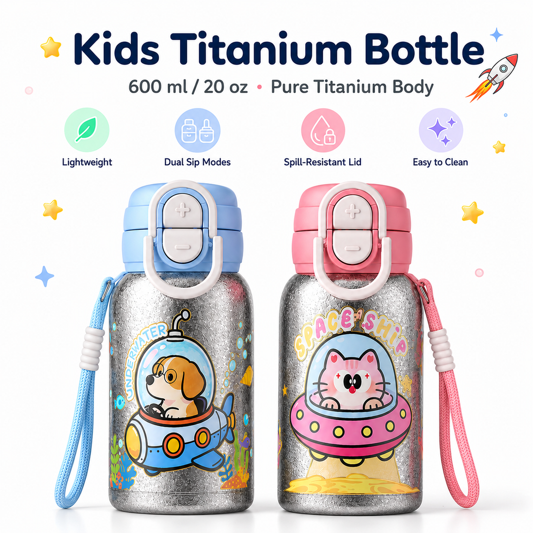 Blue and pink 20 oz kids pure titanium water bottles