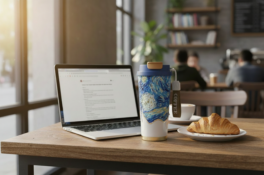 Van Gogh Starry Night titanium travel mug on cafe table with croissant and laptop