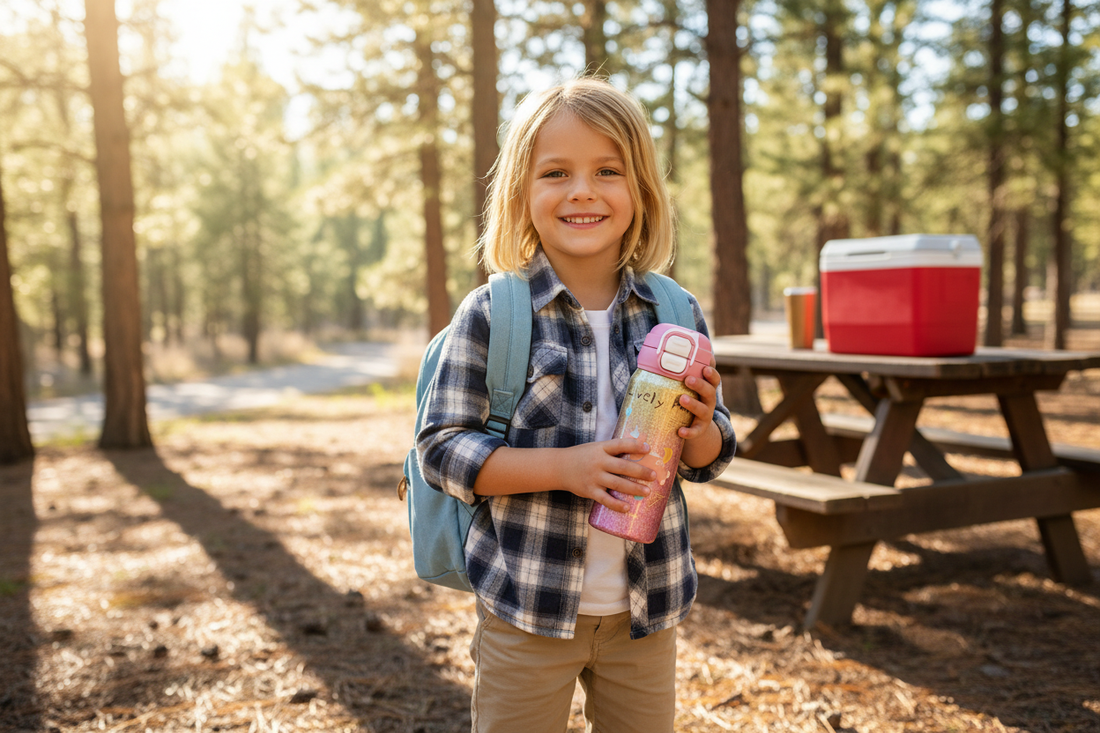 American child holding a GearMoor pure titanium kids water bottle outdoors