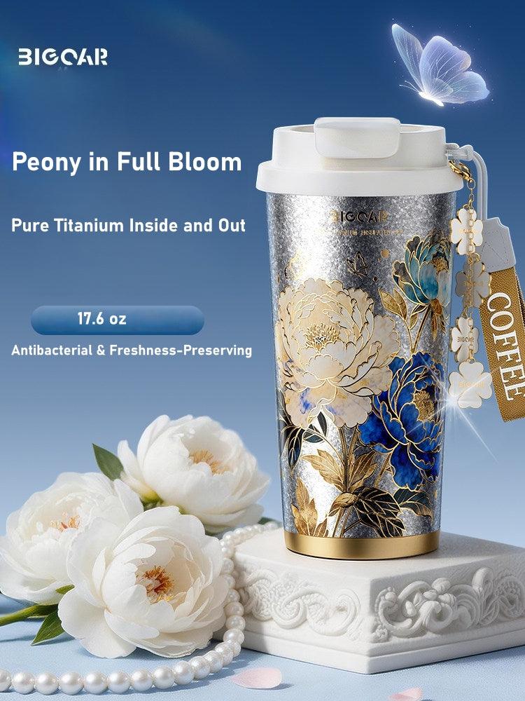 GearMoor Pure Titanium Coffee Cup | Peony in Full Bloom Limited Edition – 17.6 oz, Antibacterial, 0 Coating, Gift Box Included