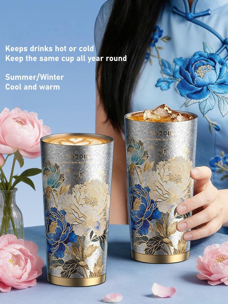GearMoor Pure Titanium Coffee Cup | Peony in Full Bloom Limited Edition – 17.6 oz, Antibacterial, 0 Coating, Gift Box Included