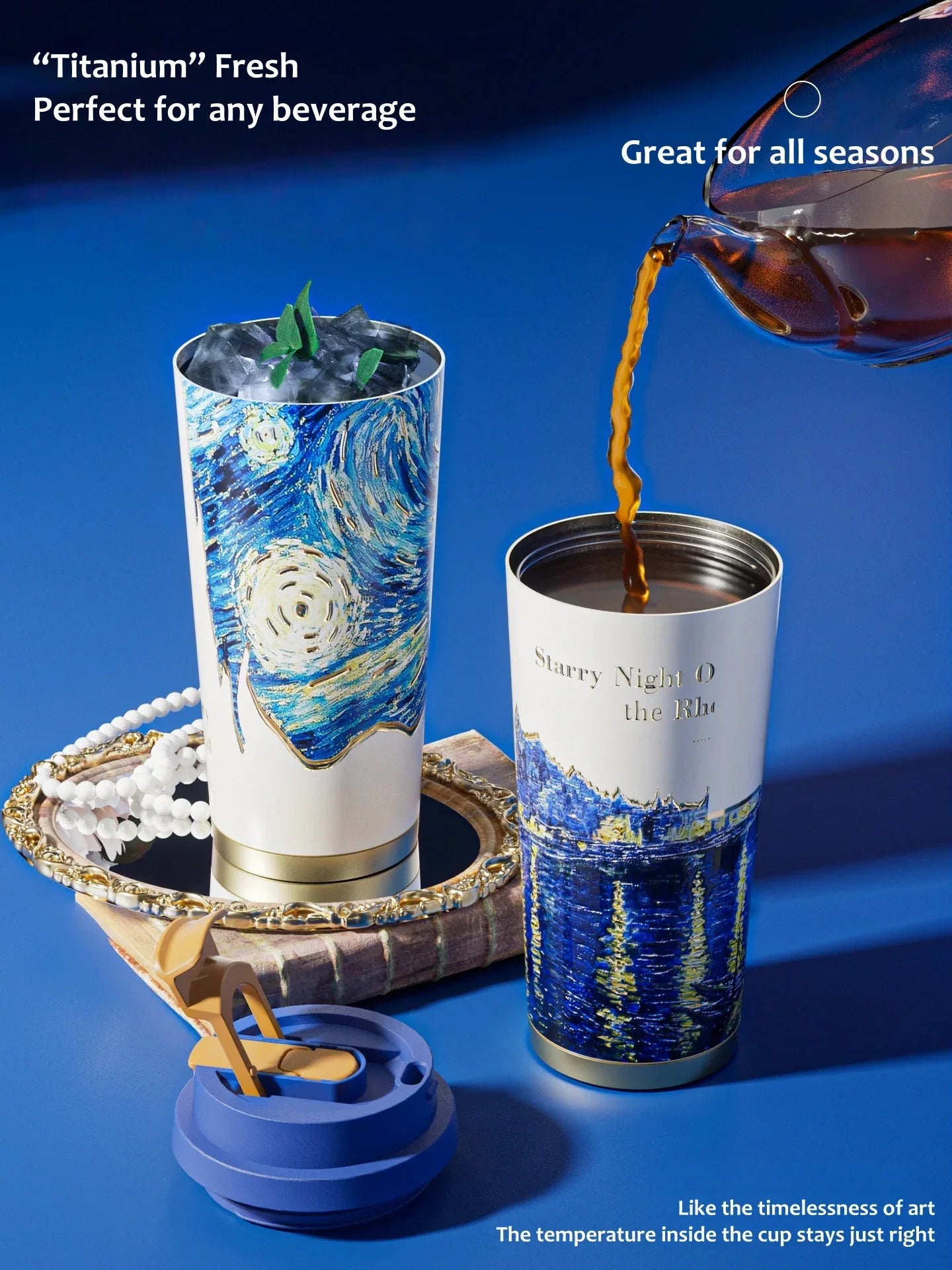 GearMoor Van Gogh Starry Night Titanium Tumbler | Insulated Cold Cup for Women | 17.6 oz