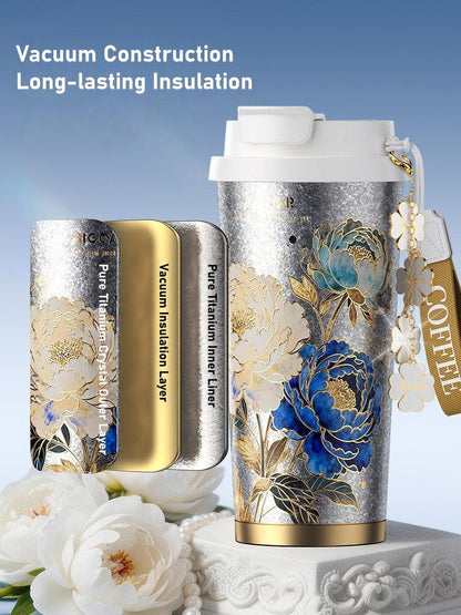 GearMoor Pure Titanium Coffee Cup | Peony in Full Bloom Limited Edition – 17.6 oz, Antibacterial, 0 Coating, Gift Box Included
