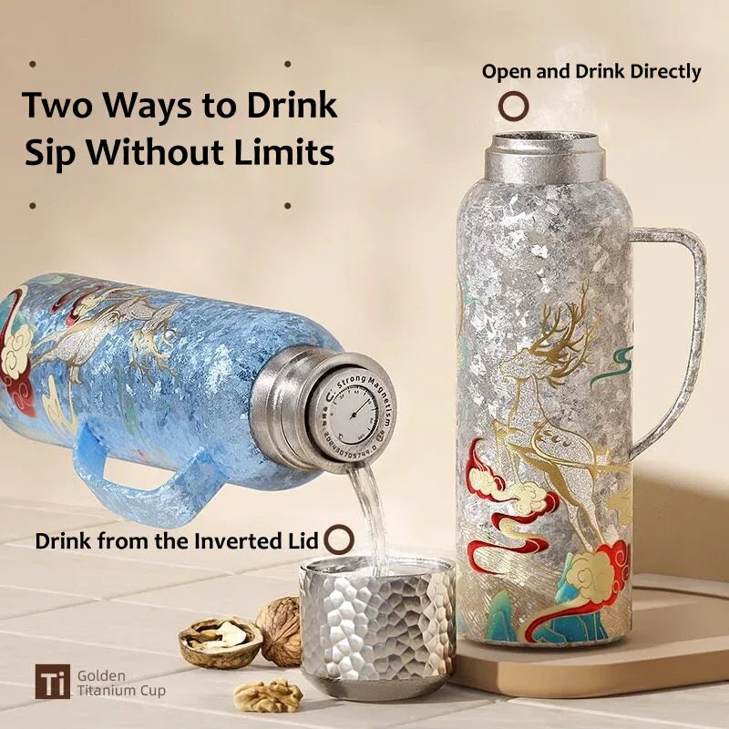 GearMoor Titanium Water Bottle – Premium lifestyle shot, vacuum insulated pure titanium bottle, outdoor and travel use
