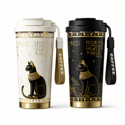 Egyptian Cat Pure Titanium Insulated Tumbler 17.6 oz travel coffee mug in white and black