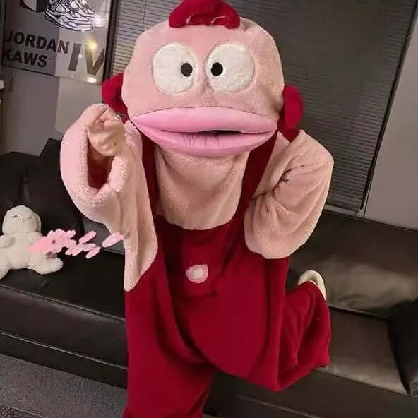 Fuzzy Big Mouth Monster One-Piece Pajamas for Women Winter Fleece-Lined Thickened Warmth Abstract Cute and Ugly Long Hair Oversized Homewear