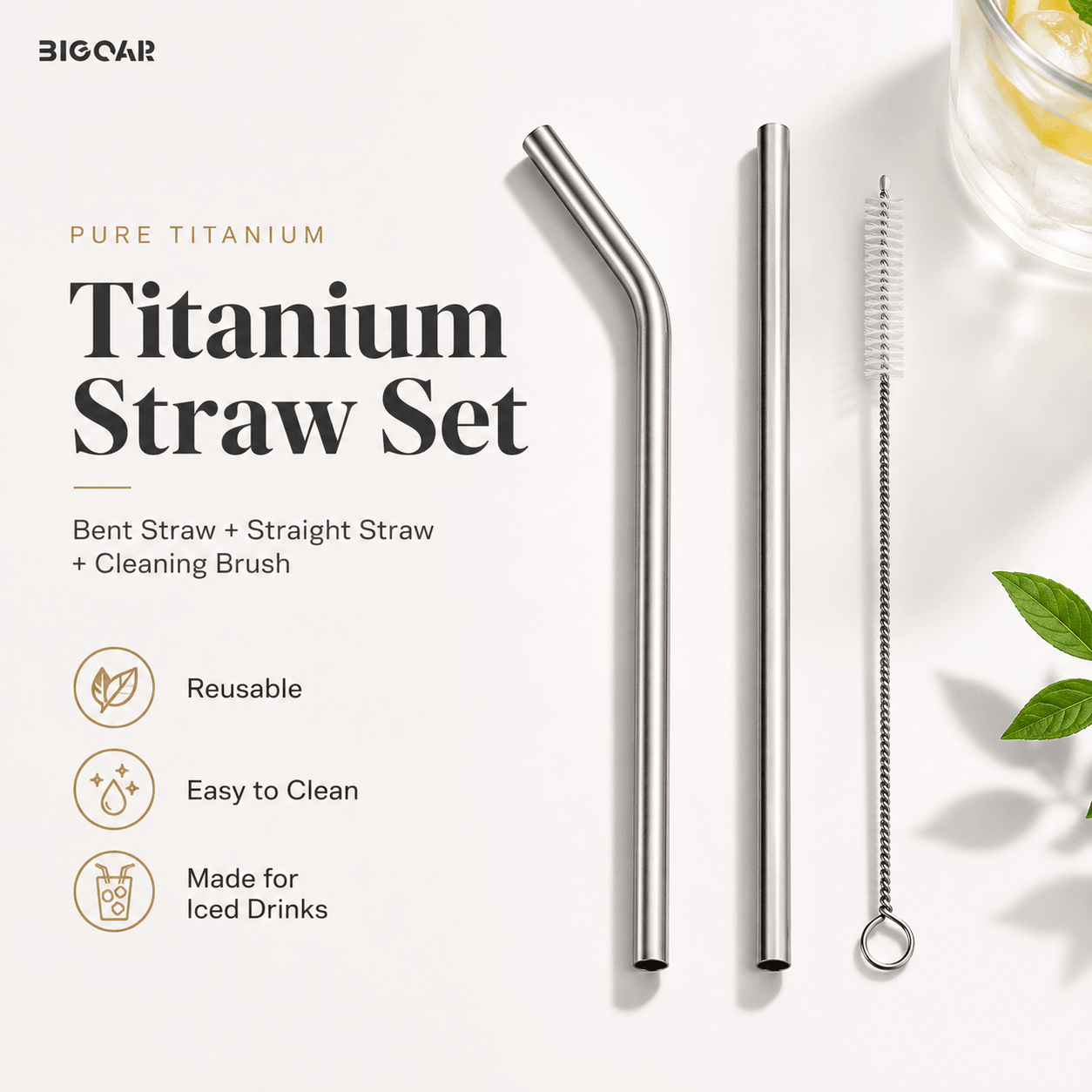 Pure titanium straw set with bent straw, straight straw, and cleaning brush for iced drinks