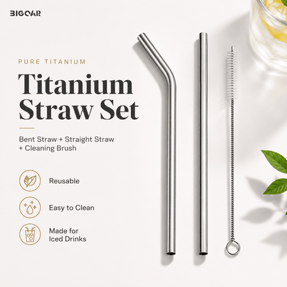 Pure titanium straw set with bent straw, straight straw, and cleaning brush for iced drinks