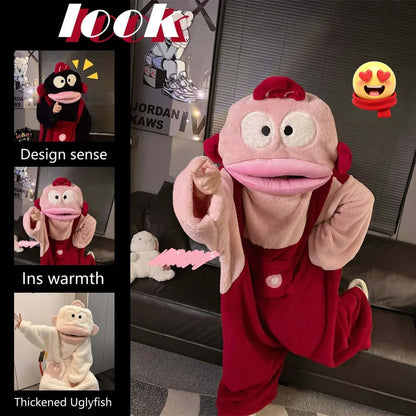 Fuzzy Big Mouth Monster One-Piece Pajamas for Women Winter Fleece-Lined Thickened Warmth Abstract Cute and Ugly Long Hair Oversized Homewear