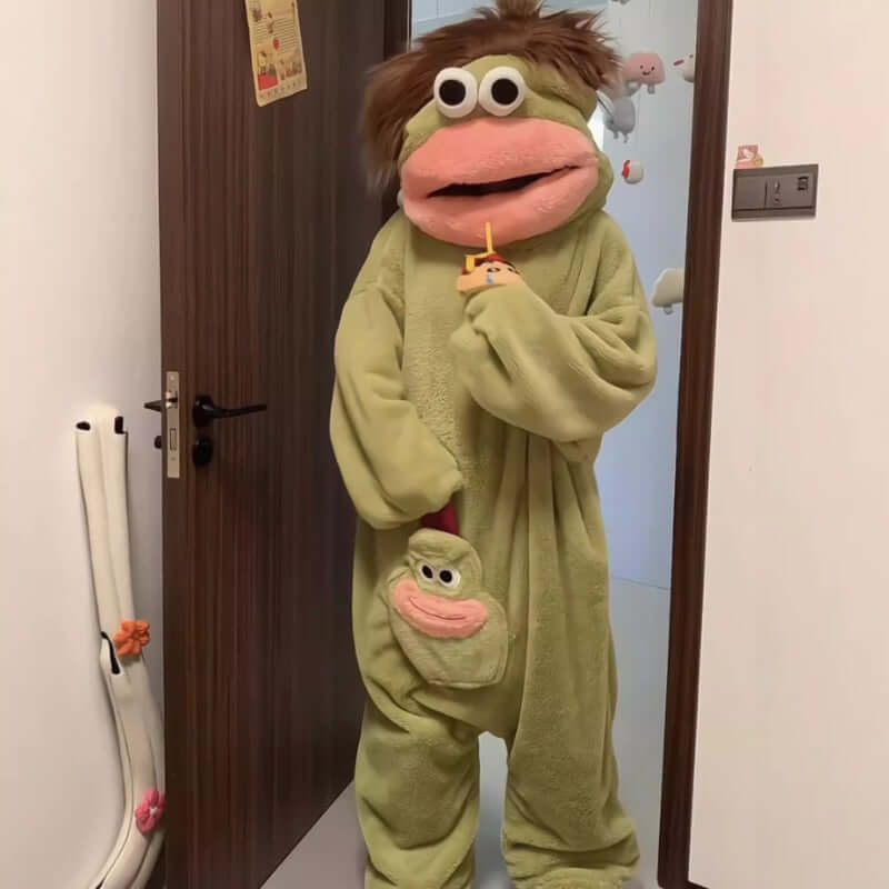 Fuzzy Big Mouth Monster One-Piece Pajamas for Women Winter Fleece-Lined Thickened Warmth Abstract Cute and Ugly Long Hair Oversized Homewear