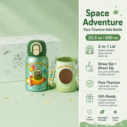 Pure Titanium Kids Water Bottle 20.3 fl oz | 2-in-1 Lid Gift Set