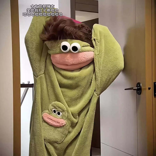 Fuzzy Big Mouth Monster One-Piece Pajamas for Women Winter Fleece-Lined Thickened Warmth Abstract Cute and Ugly Long Hair Oversized Homewear