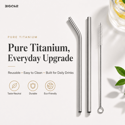 Pure titanium reusable straw set for everyday iced coffee, tea, juice, and cold drinks