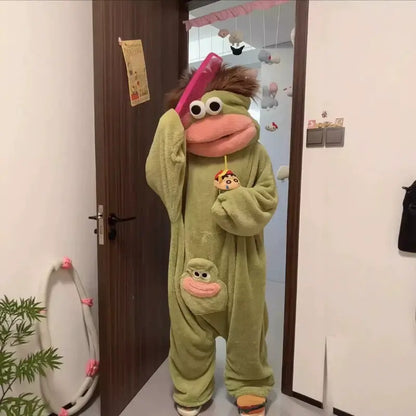 Fuzzy Big Mouth Monster One-Piece Pajamas for Women Winter Fleece-Lined Thickened Warmth Abstract Cute and Ugly Long Hair Oversized Homewear