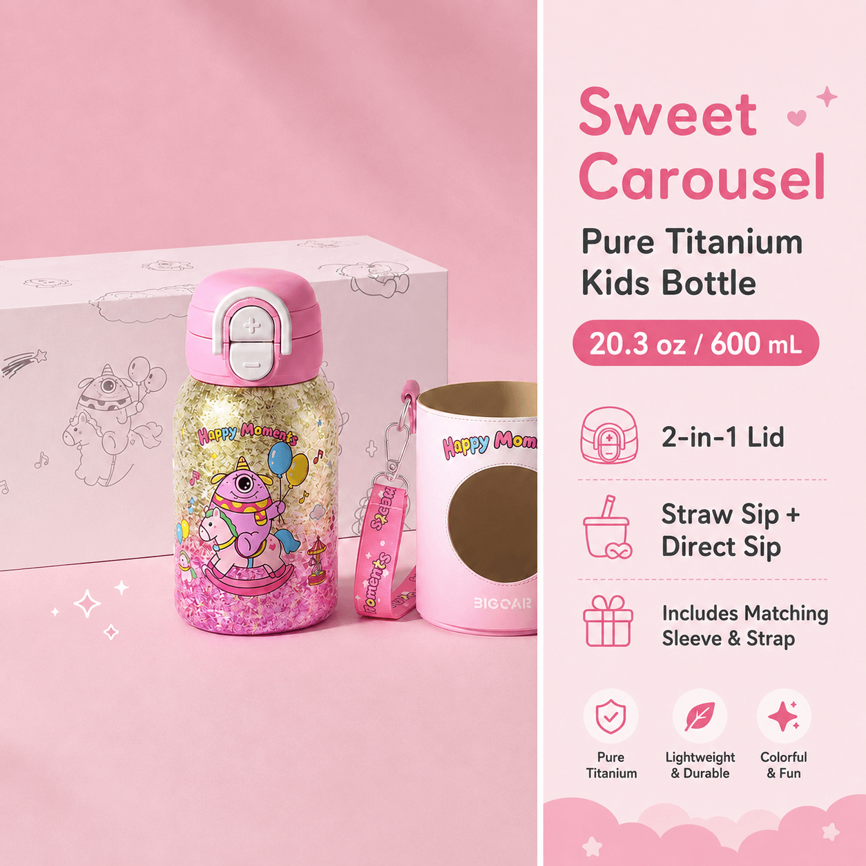 Pure Titanium Kids Water Bottle 20.3 fl oz | 2-in-1 Lid Gift Set