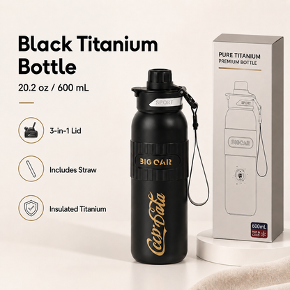 Black 20.2 oz pure titanium insulated bottle with 3-in-1 lid, straw, carrying strap, and premium packaging