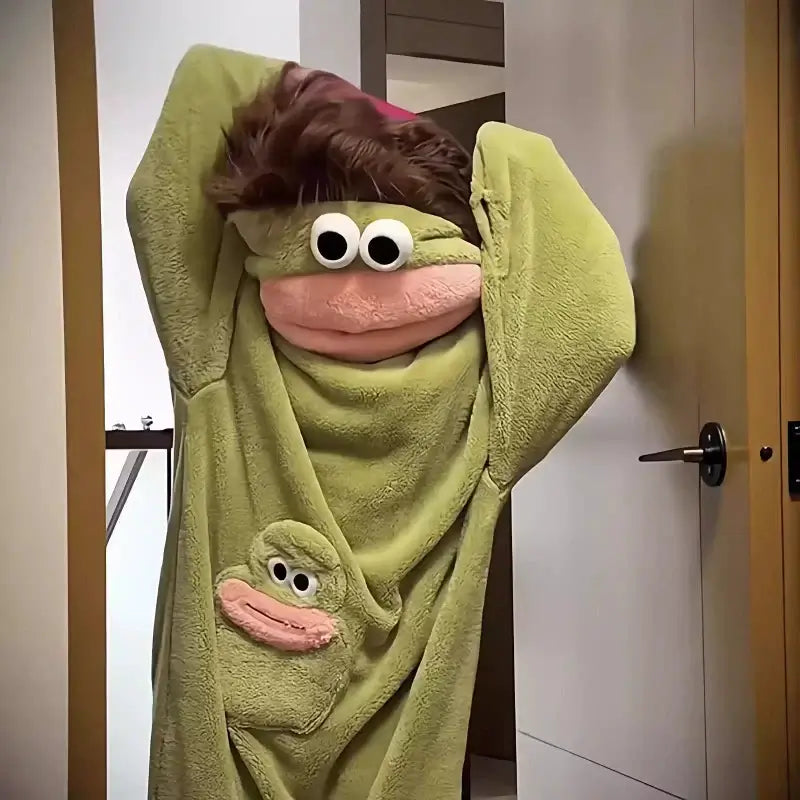 Fuzzy Big Mouth Monster One-Piece Pajamas for Women Winter Fleece-Lined Thickened Warmth Abstract Cute and Ugly Long Hair Oversized Homewear