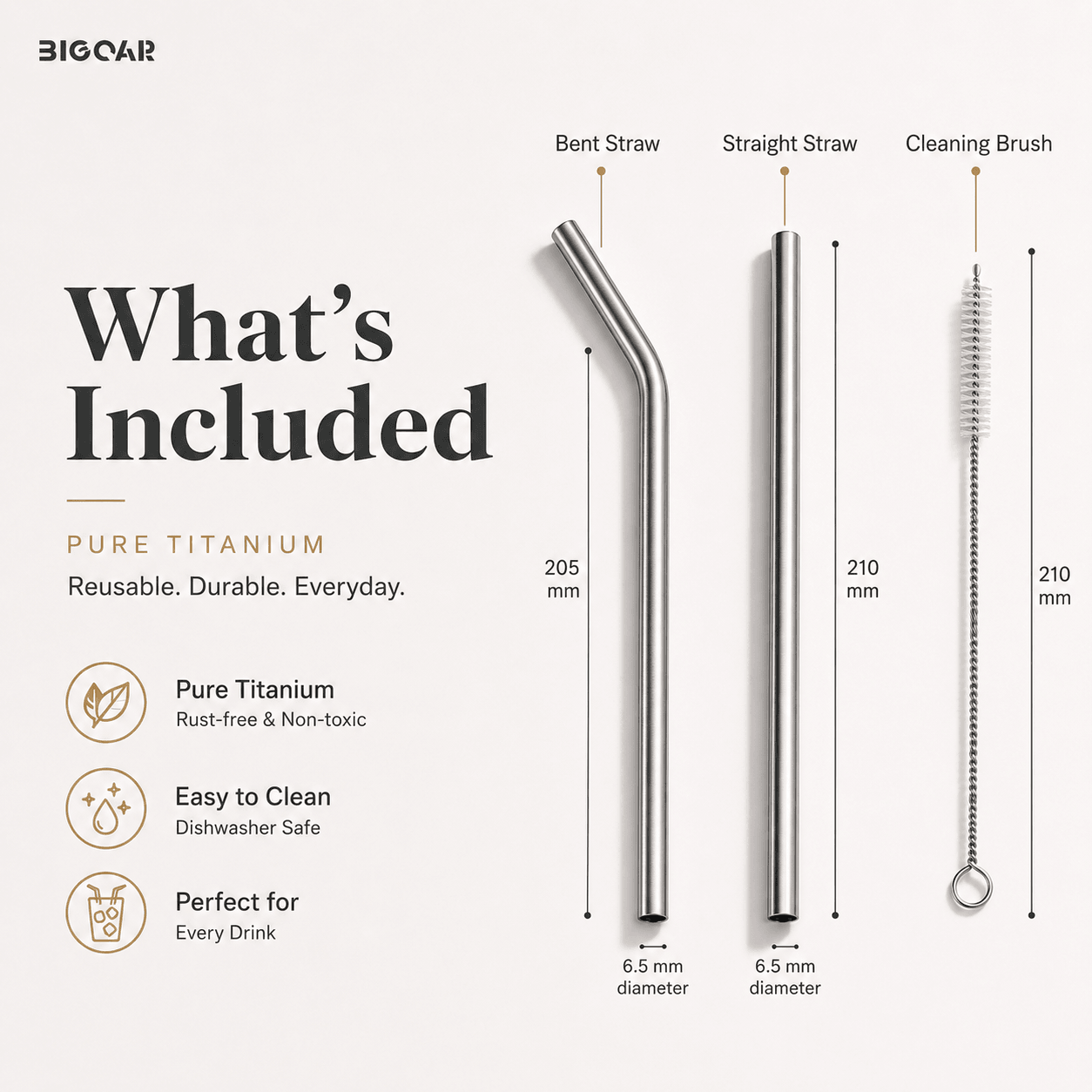 What is included in the pure titanium straw set with bent straw, straight straw, and cleaning brush