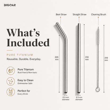What is included in the pure titanium straw set with bent straw, straight straw, and cleaning brush