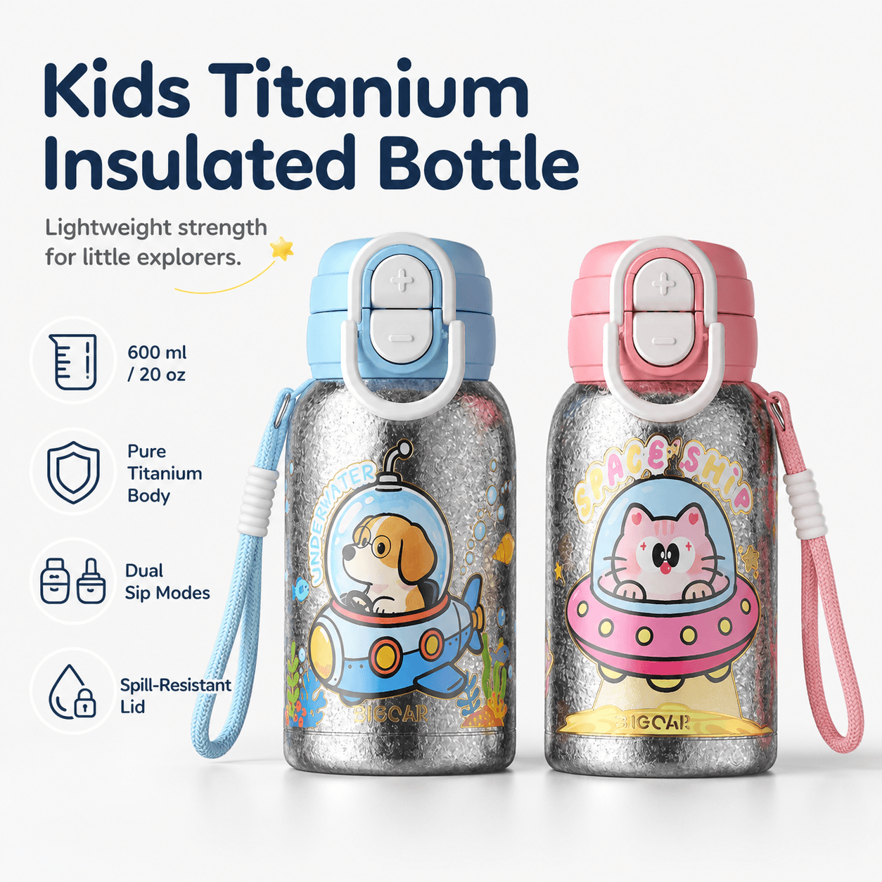 Kids pure titanium insulated bottle in blue and pink designs, 20 oz bottle for school and travel