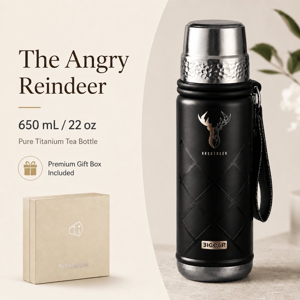 Angry Reindeer black pure titanium tea bottle with premium gift box