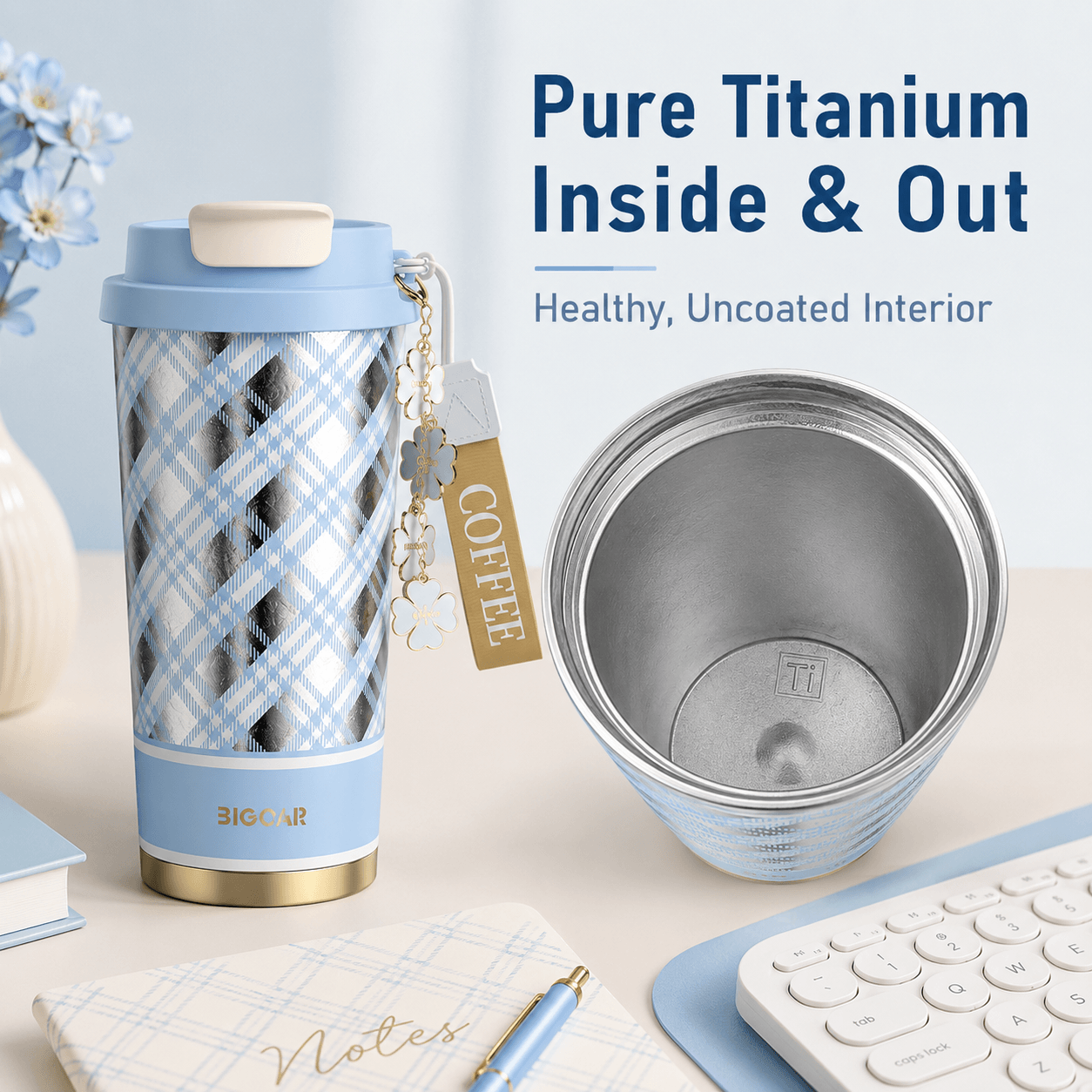 Blue plaid titanium tumbler with close-up view of the uncoated pure titanium interior