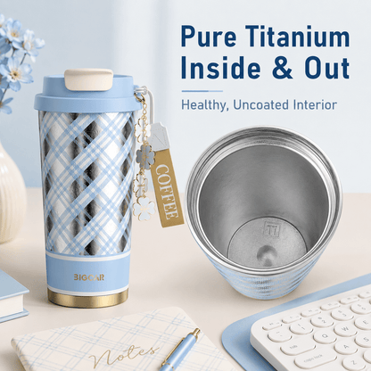 Blue plaid titanium tumbler with close-up view of the uncoated pure titanium interior
