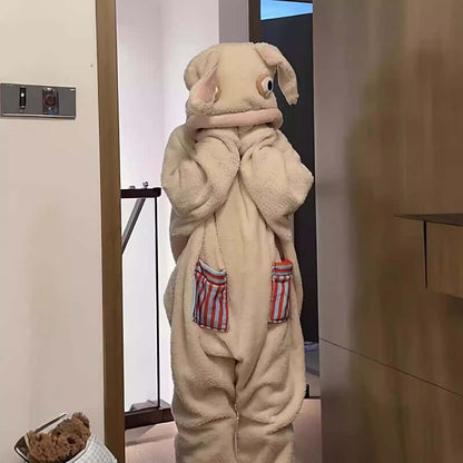 Fuzzy Big Mouth Monster One-Piece Pajamas for Women Winter Fleece-Lined Thickened Warmth Abstract Cute and Ugly Long Hair Oversized Homewear