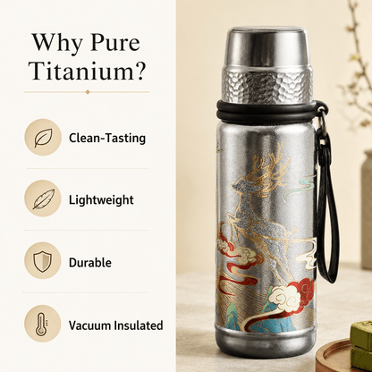 Pure titanium tea bottle highlighting clean taste, lightweight design, durability, and vacuum insulation