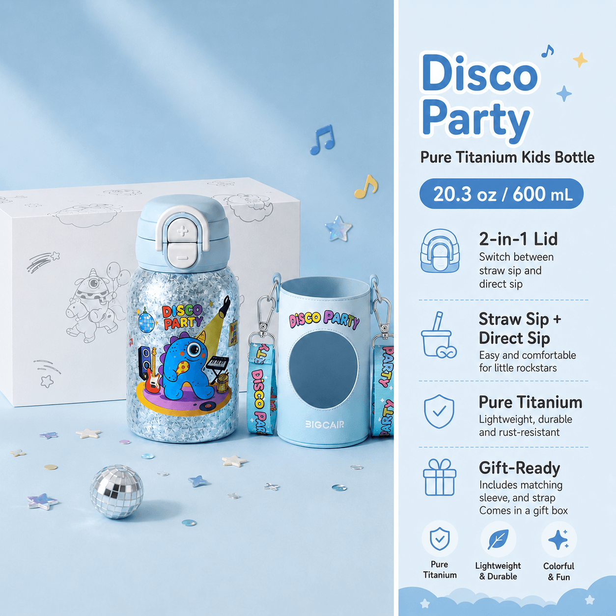 Pure Titanium Kids Water Bottle 20.3 fl oz | 2-in-1 Lid Gift Set