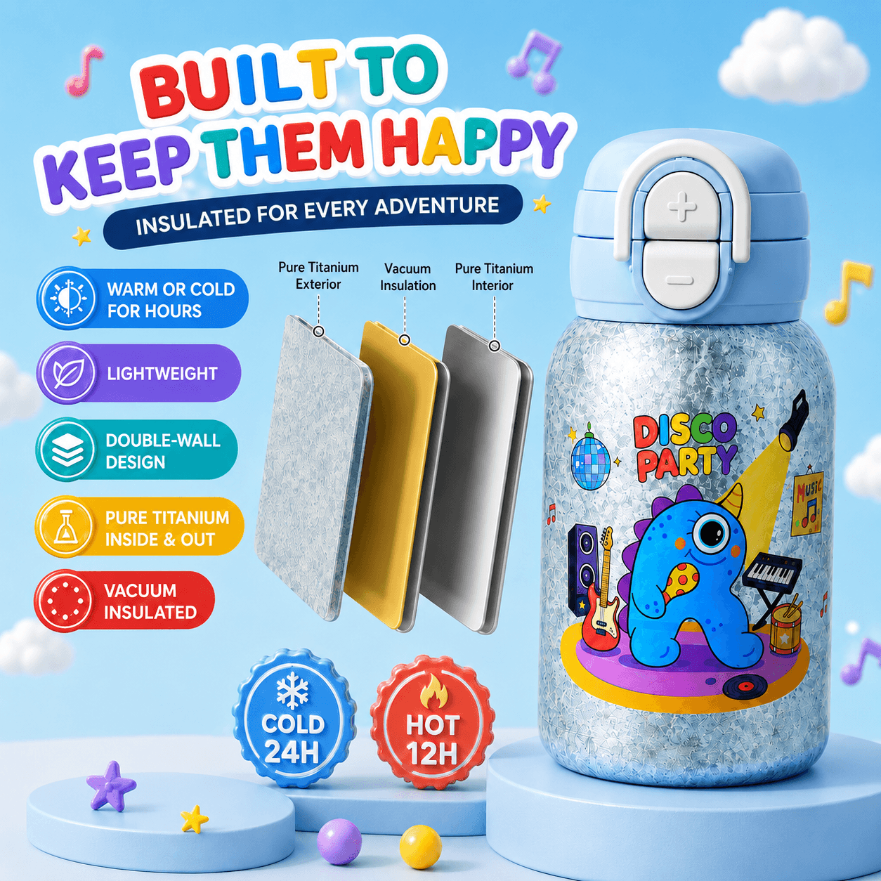 Pure Titanium Kids Water Bottle 20.3 fl oz | 2-in-1 Lid Gift Set
