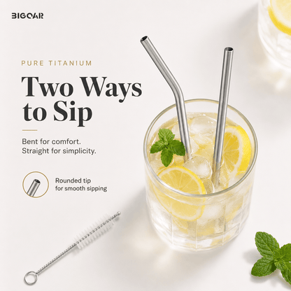 Two titanium straw styles for smooth sipping with iced lemon drinks
