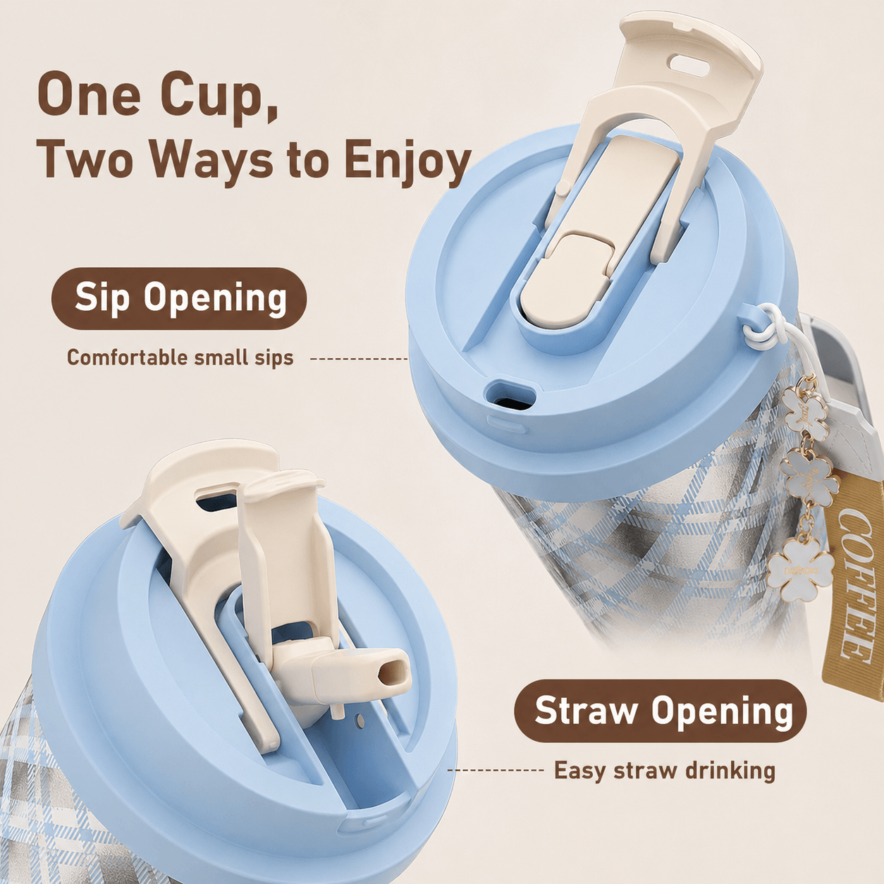Dual-drinking travel mug lid with separate sip opening and straw opening