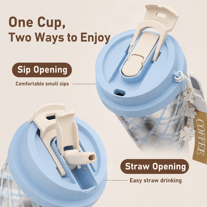 Dual-drinking travel mug lid with separate sip opening and straw opening