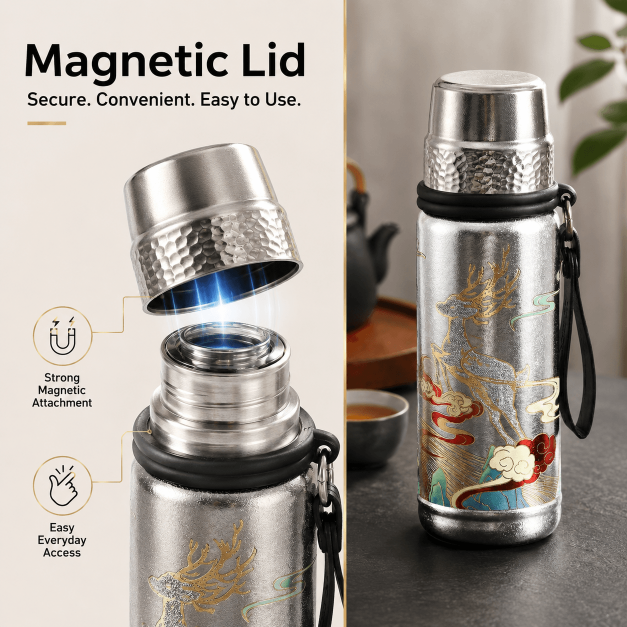 Magnetic lid feature on pure titanium tea bottle with secure and convenient everyday access