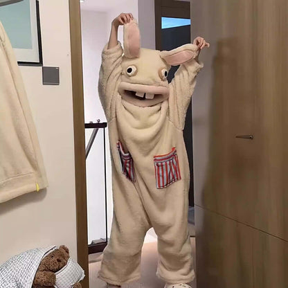 Fuzzy Big Mouth Monster One-Piece Pajamas for Women Winter Fleece-Lined Thickened Warmth Abstract Cute and Ugly Long Hair Oversized Homewear