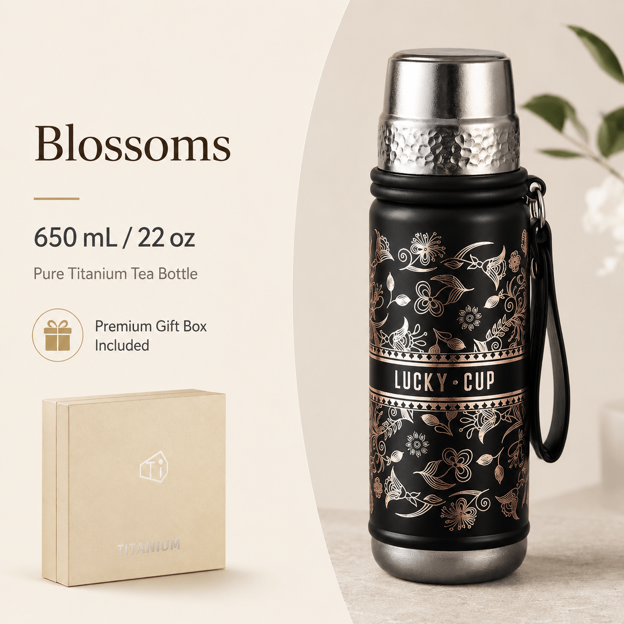 Blossoms black pure titanium tea bottle with floral artwork and premium gift box