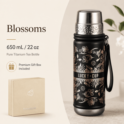 Blossoms black pure titanium tea bottle with floral artwork and premium gift box
