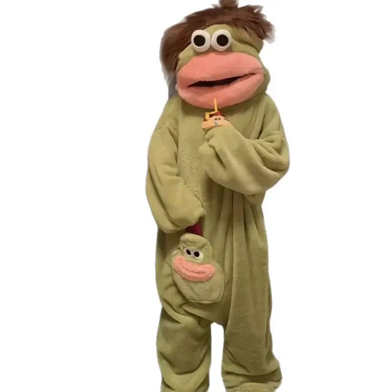 Fuzzy Big Mouth Monster One-Piece Pajamas for Women Winter Fleece-Lined Thickened Warmth Abstract Cute and Ugly Long Hair Oversized Homewear