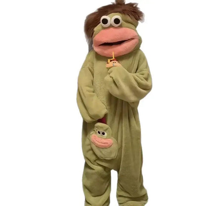 Fuzzy Big Mouth Monster One-Piece Pajamas for Women Winter Fleece-Lined Thickened Warmth Abstract Cute and Ugly Long Hair Oversized Homewear