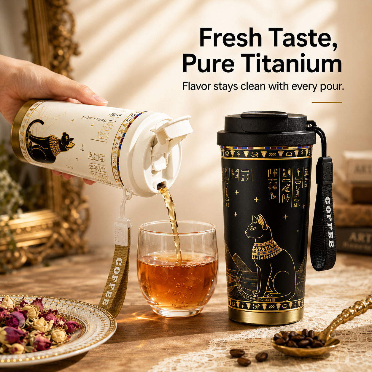 GearMoor Egyptian Cat Pure Titanium Tumbler | 17.6 oz Vacuum Insulated Travel Mug