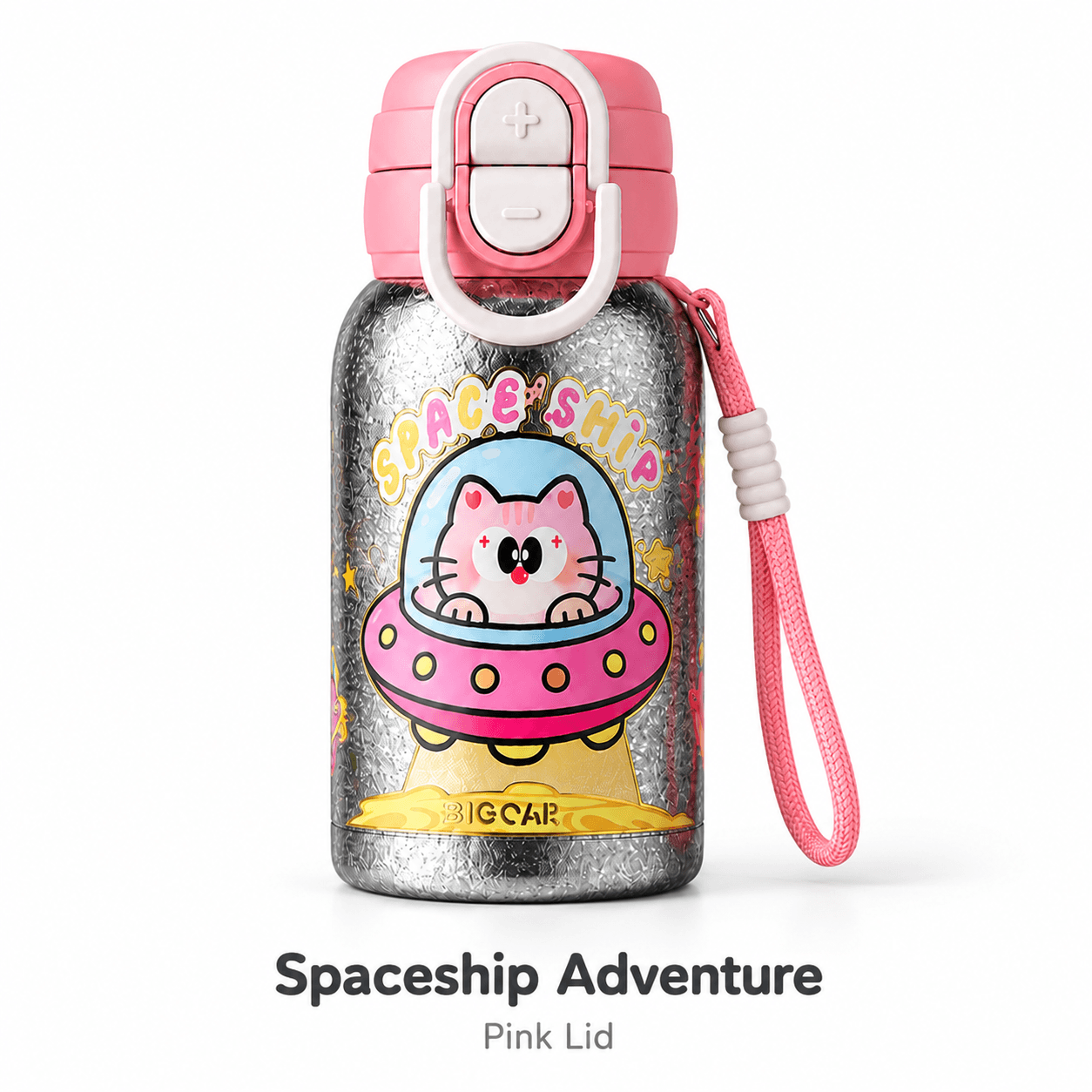 Spaceship Adventure kids pure titanium insulated bottle with pink lid and carry strap