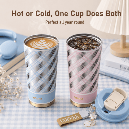 Blue and pink titanium tumblers filled with hot latte and iced coffee