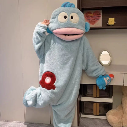 Fuzzy Big Mouth Monster One-Piece Pajamas for Women Winter Fleece-Lined Thickened Warmth Abstract Cute and Ugly Long Hair Oversized Homewear