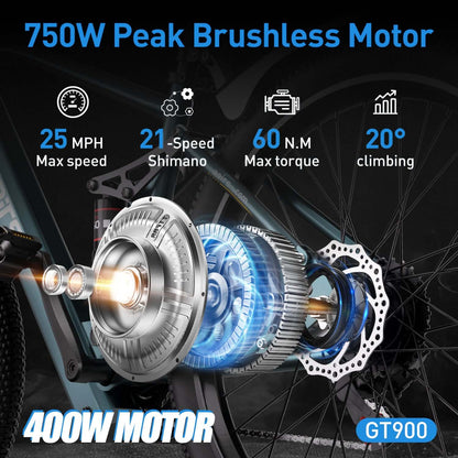 GT900 26"24" Electric Bike 748W(Peak) Motor, 36V 13AH Battery, Dual Suspension, Ideal for City and Trail Rides