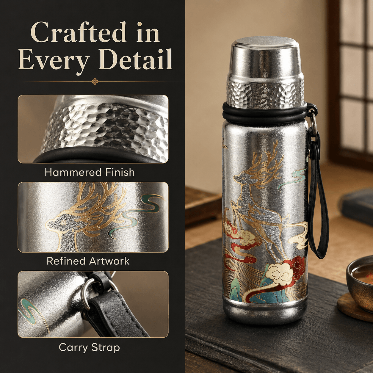 Close-up details of pure titanium tea bottle with hammered finish, deer artwork, and carry strap