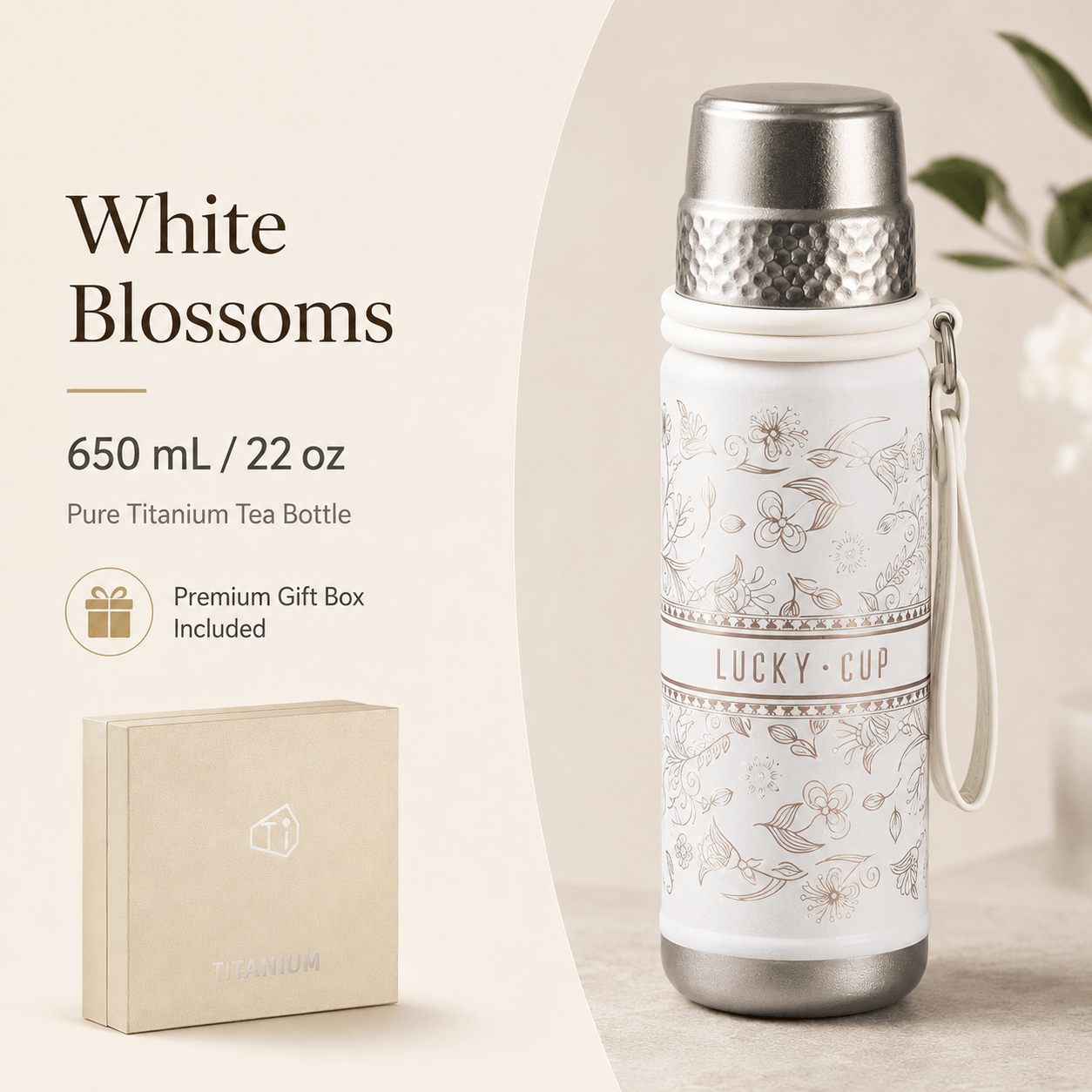 White Blossoms pure titanium tea bottle with floral design and gift box