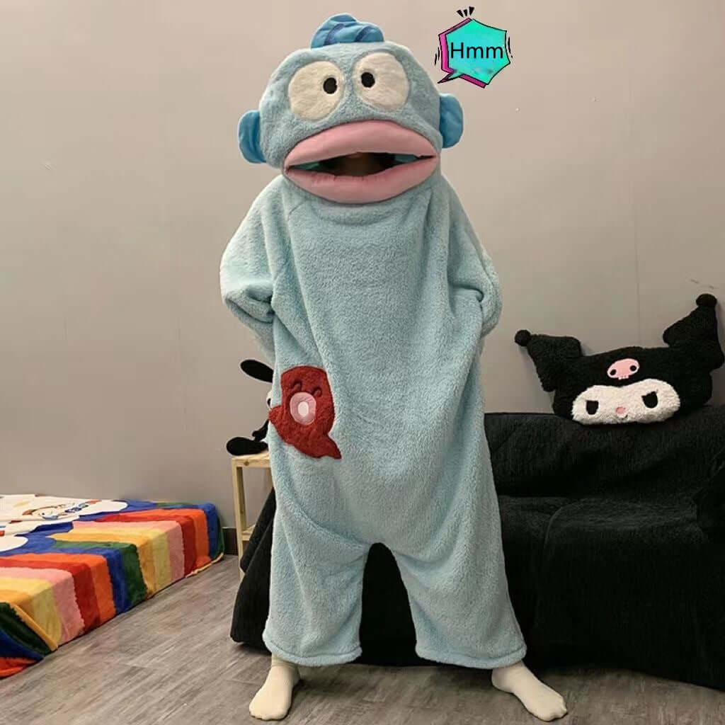 Fuzzy Big Mouth Monster One-Piece Pajamas for Women Winter Fleece-Lined Thickened Warmth Abstract Cute and Ugly Long Hair Oversized Homewear