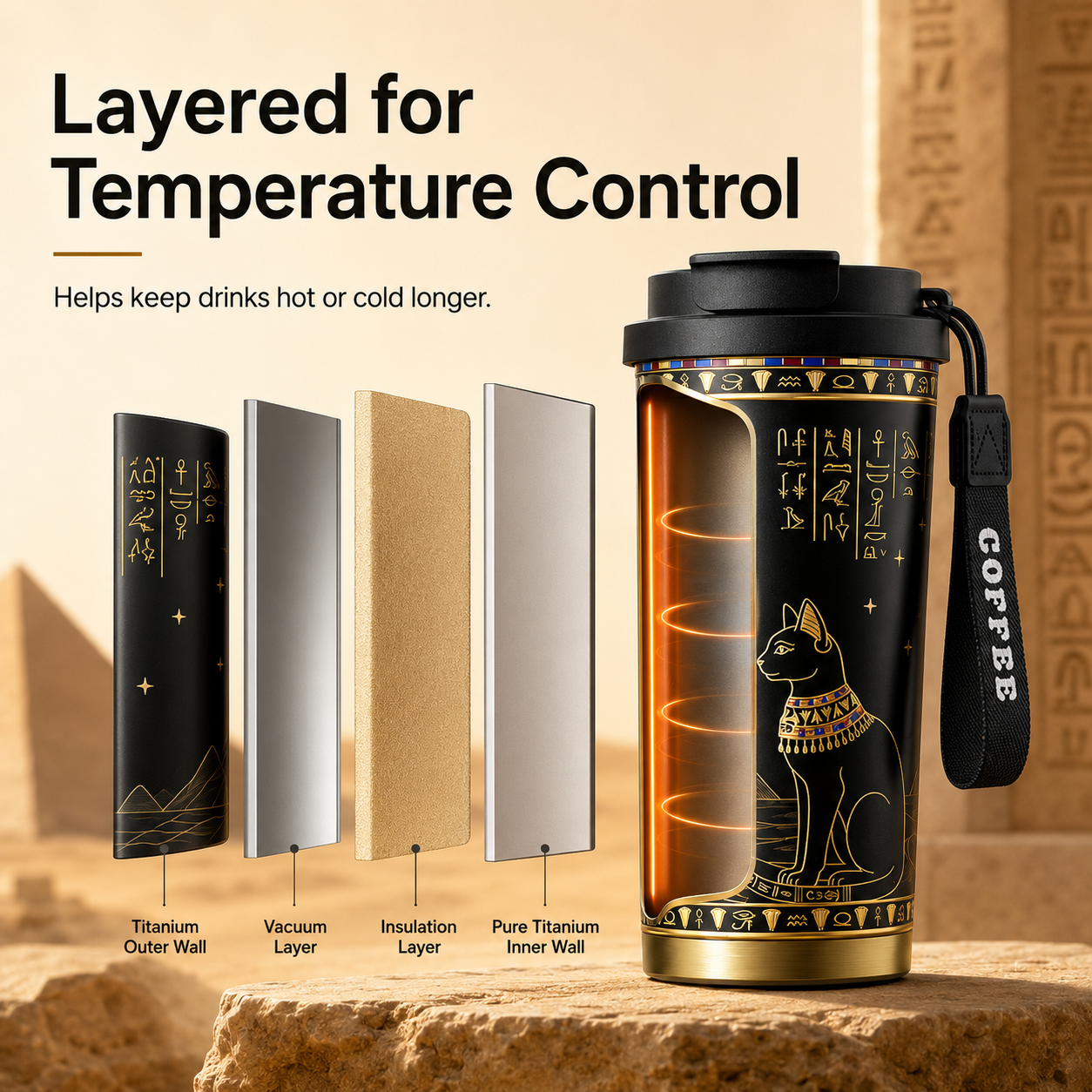 GearMoor Egyptian Cat Pure Titanium Tumbler | 17.6 oz Vacuum Insulated Travel Mug