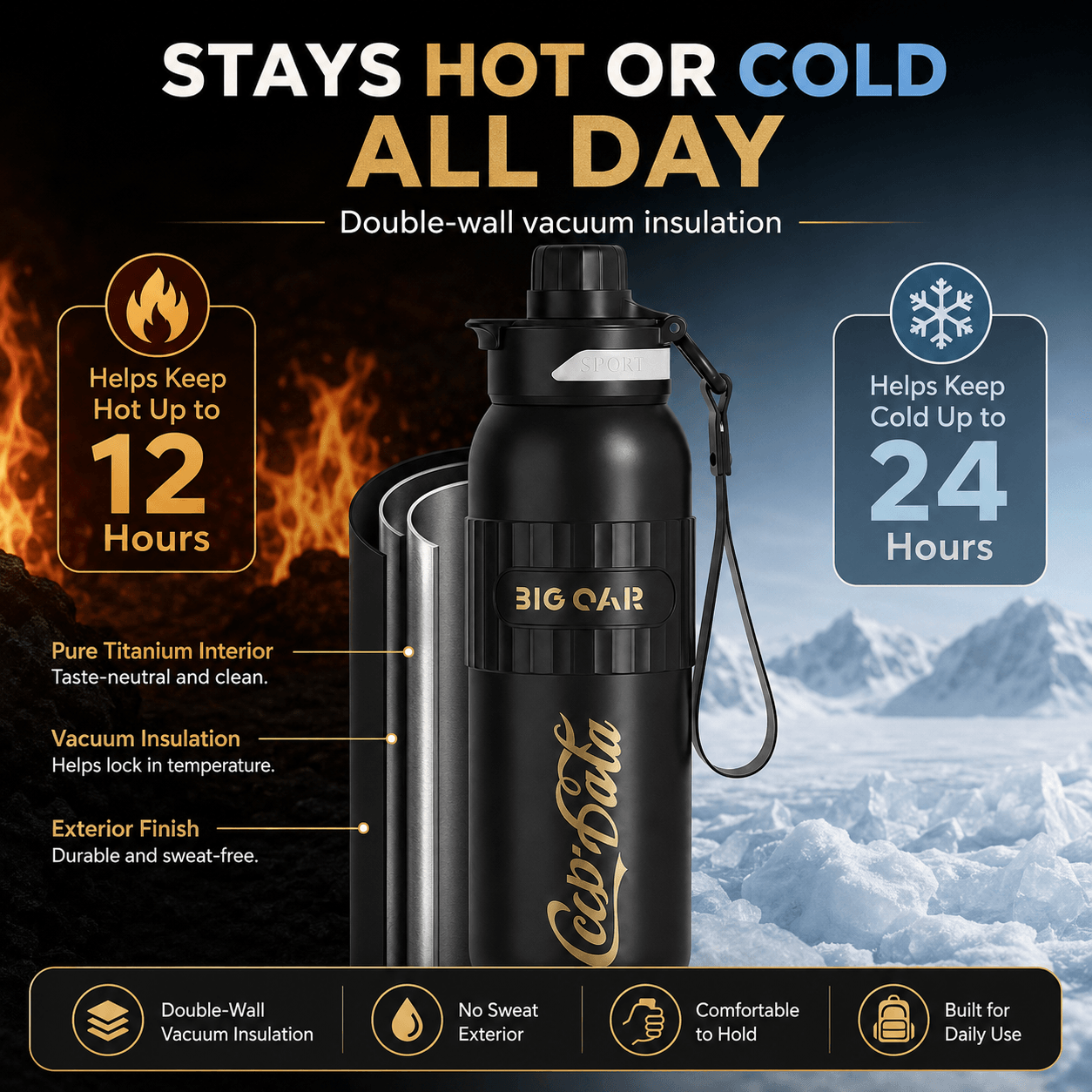 Pure Titanium Insulated Water Bottle 20.2 oz | Leakproof Travel Bottle